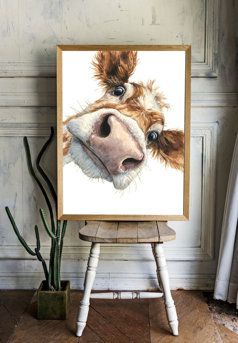 Curious Cow Watercolor Poster. room preview