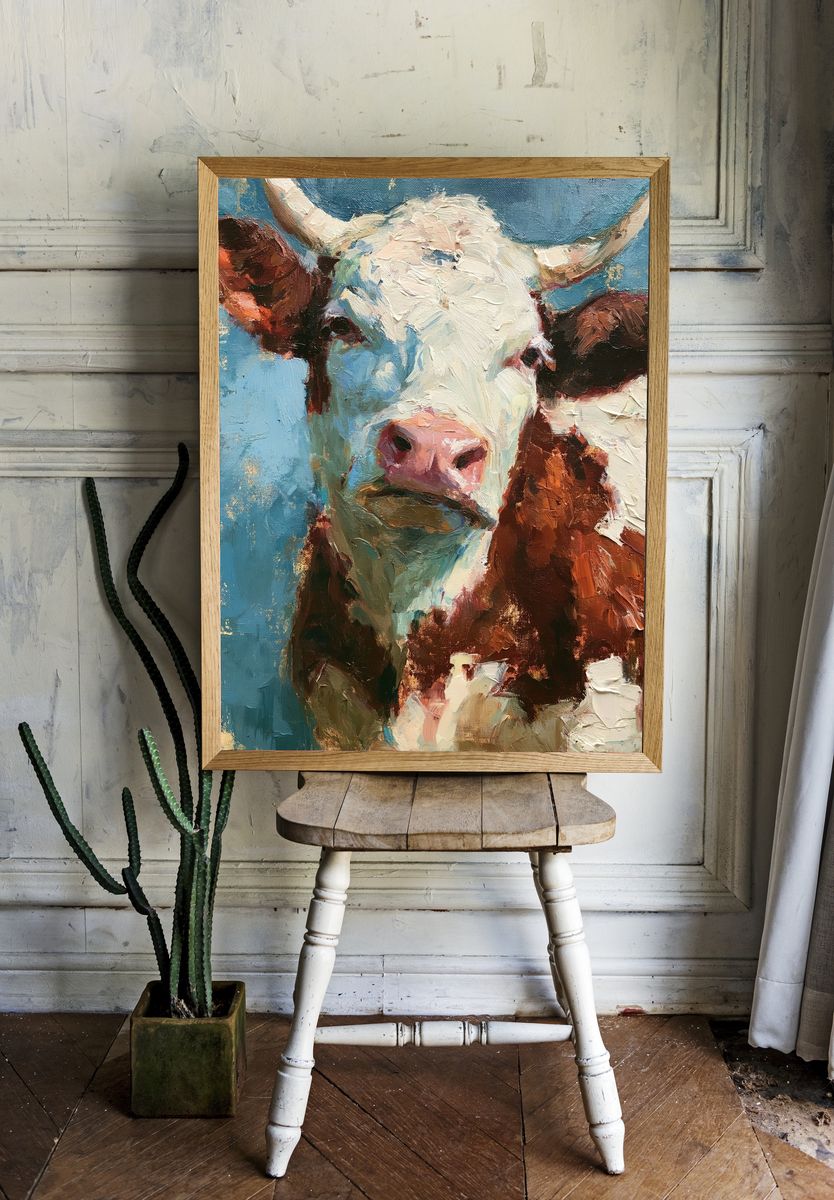 Cow Portrait Oil Painting Poster. room preview