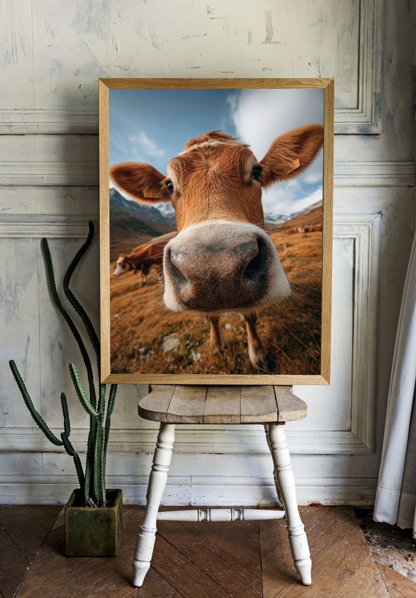 Curious Cow Portrait Poster. room preview