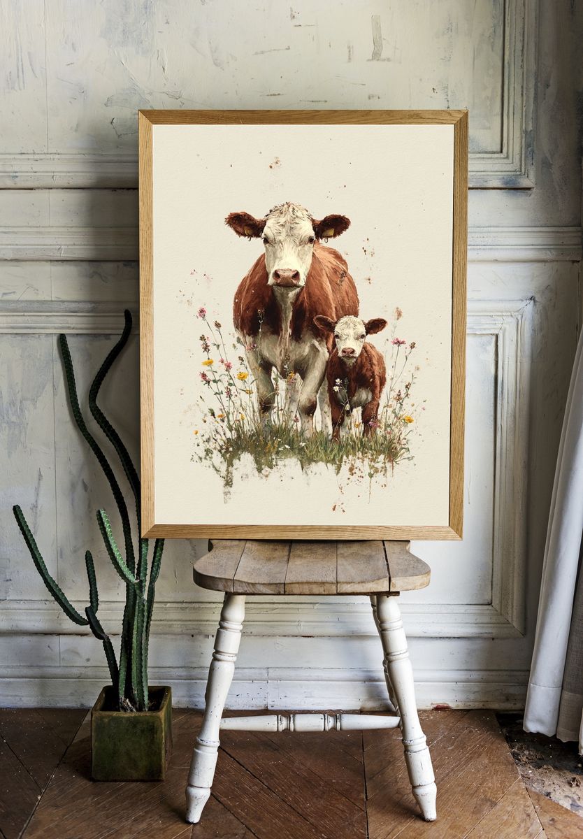 Cow and Calf Watercolor Poster. room preview