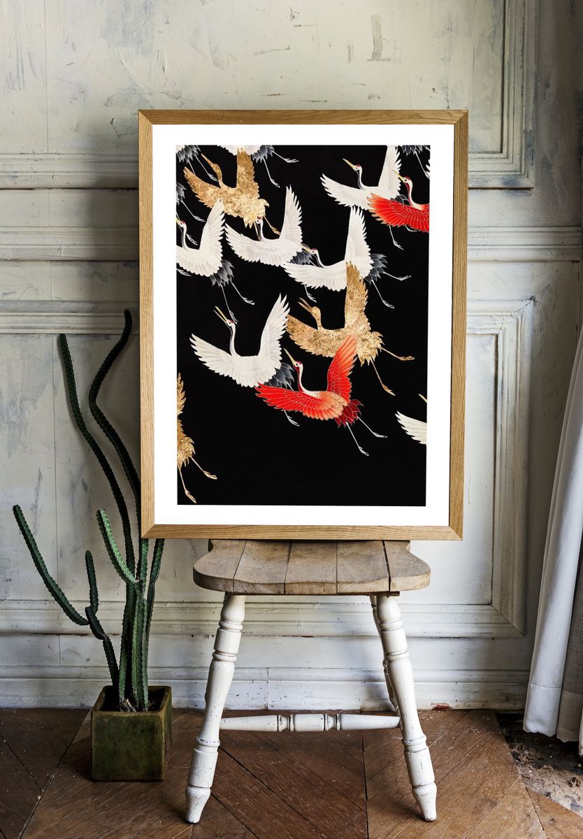 Japanese flying cranes vintage illustration. room preview