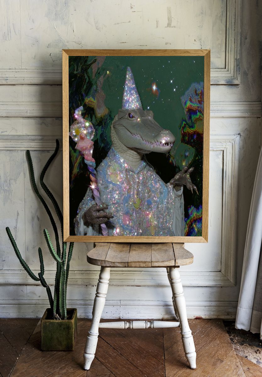Sparkly Crocodile Fantasy Illustration Poster. room preview