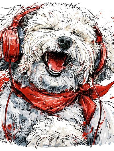 Happy Dog with Headphones Print.