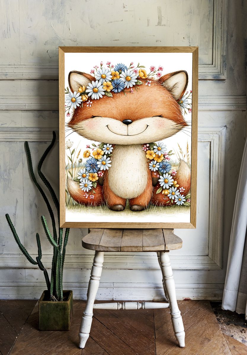 Floral Fox Watercolor Poster. room preview