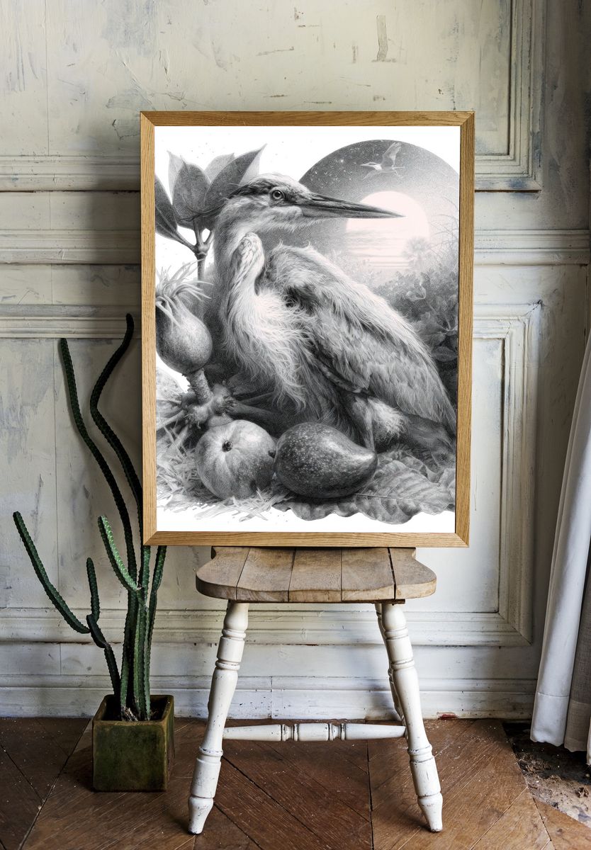 Heron Still Life Illustration Print. room preview