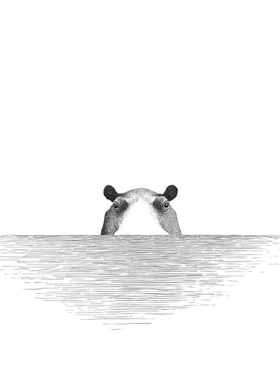 Peeking Hippo Line Art Poster.