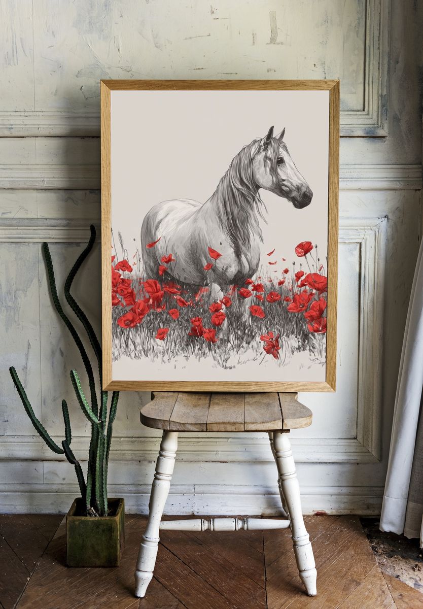 White Horse in Poppies Illustration Poster. room preview