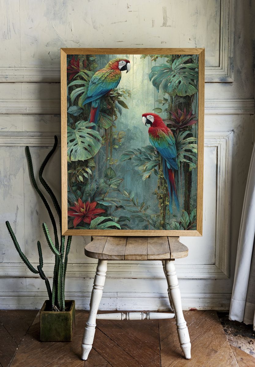 Tropical Macaws Botanical Print. room preview