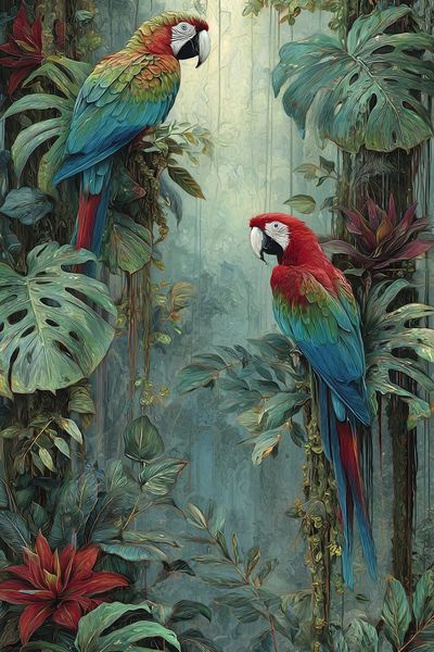 Tropical Macaws Botanical Print.