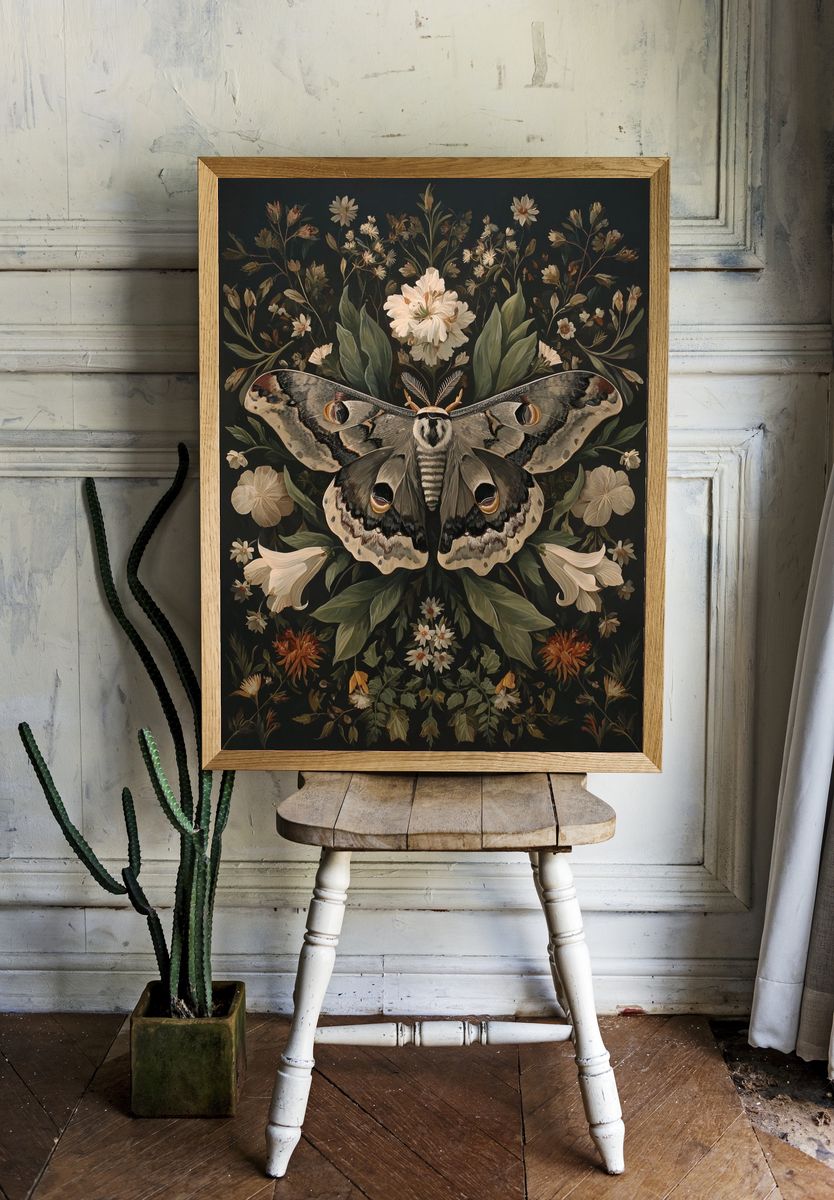 Moth and Floral Botanical Print. room preview