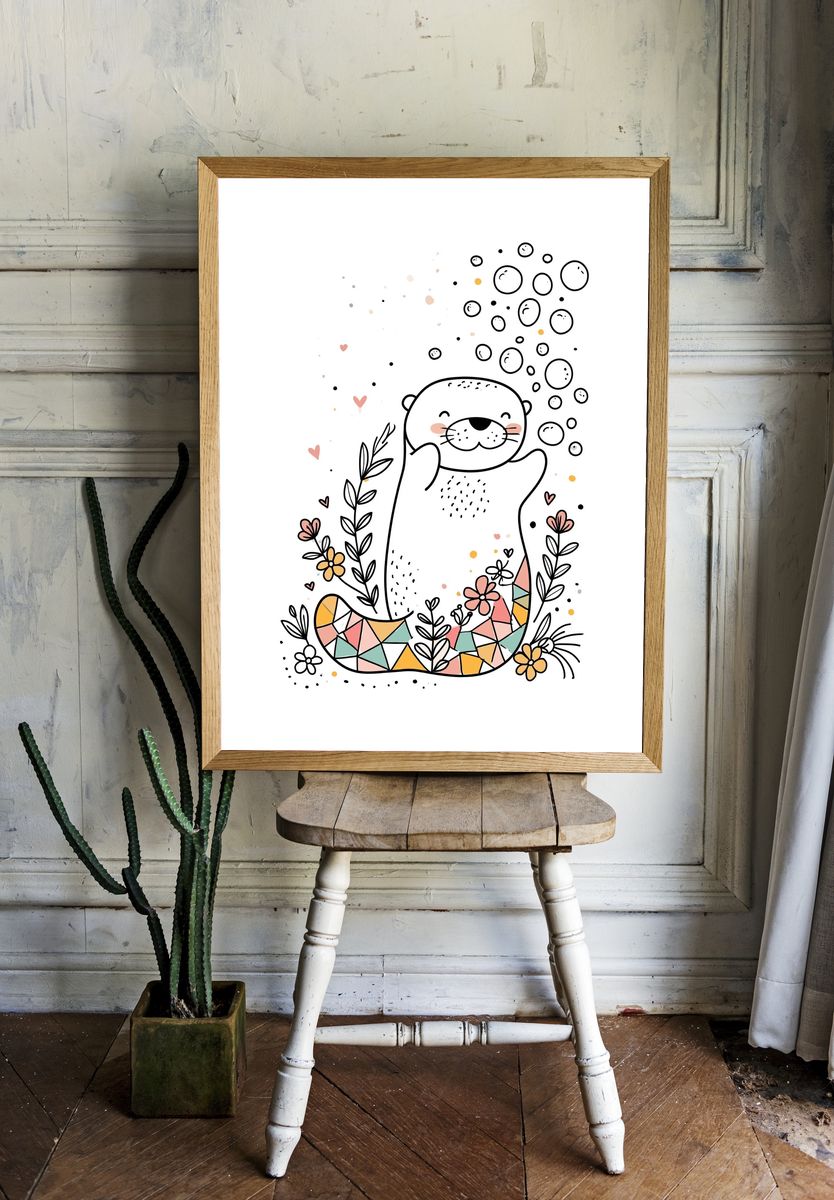 Cute Otter Floral Illustration Poster. room preview