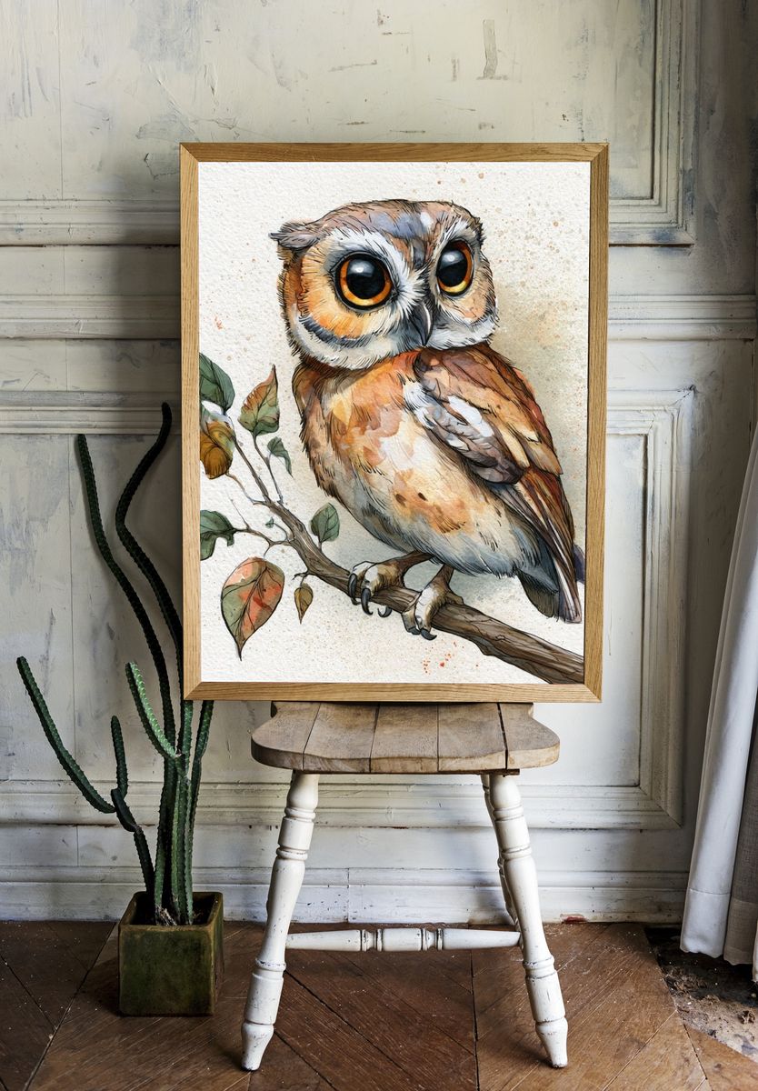 Watercolor Owl Botanical Poster. room preview