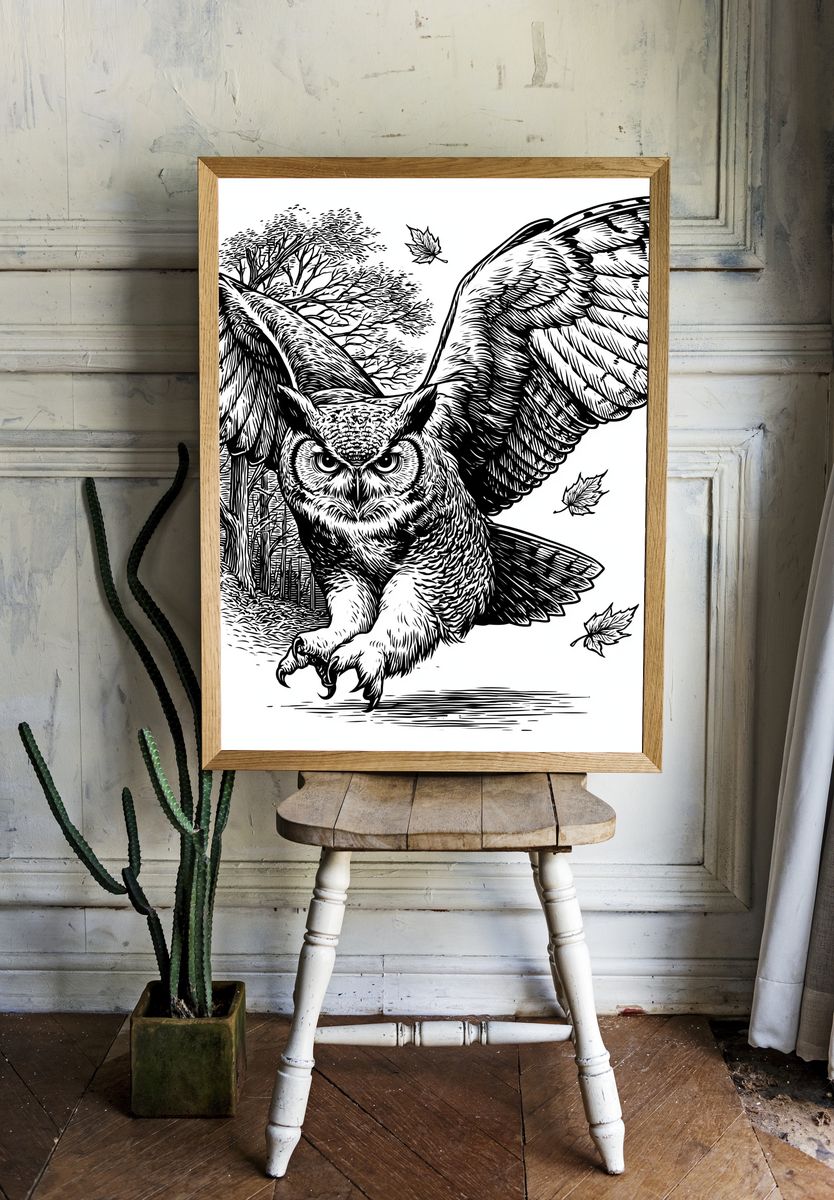 Flying Owl Ink Illustration Poster. room preview