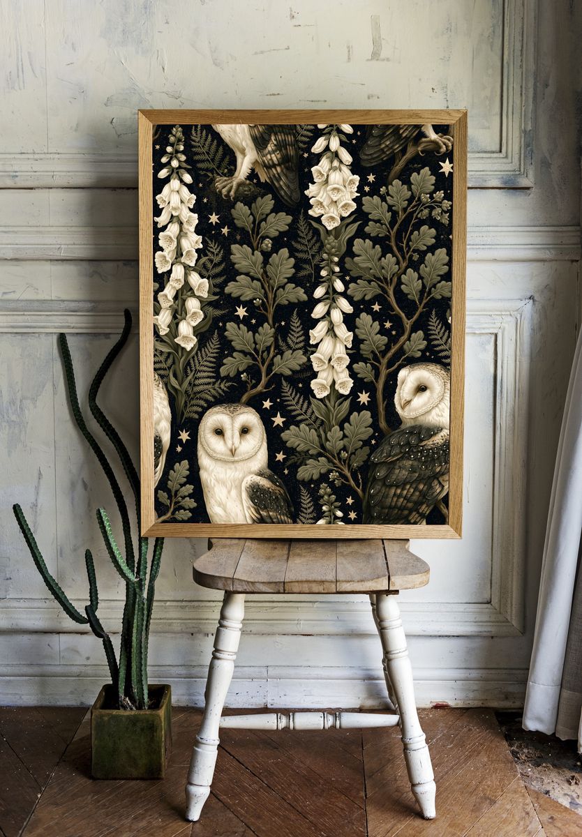 Owls and Foxglove Botanical Print. room preview