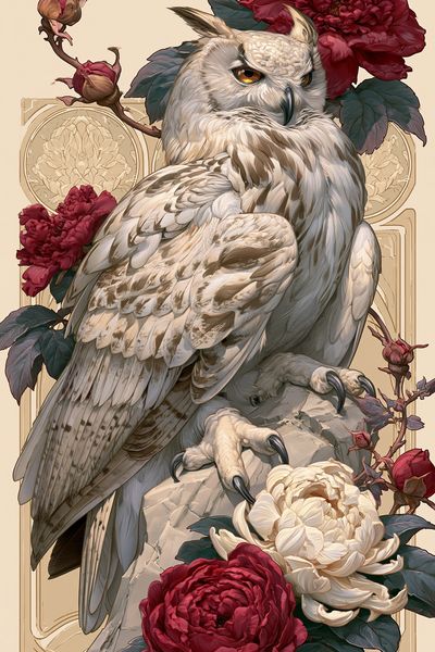 Owl and Peonies Illustration Poster.