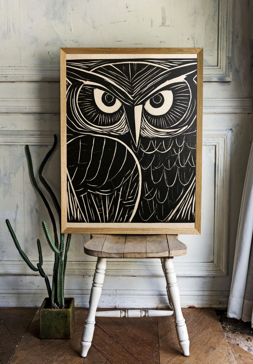 Owl Face Linocut Poster. room preview