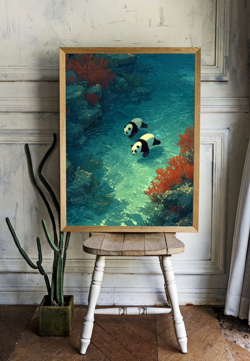 Pandas in Coral Reef Illustration Poster. room preview