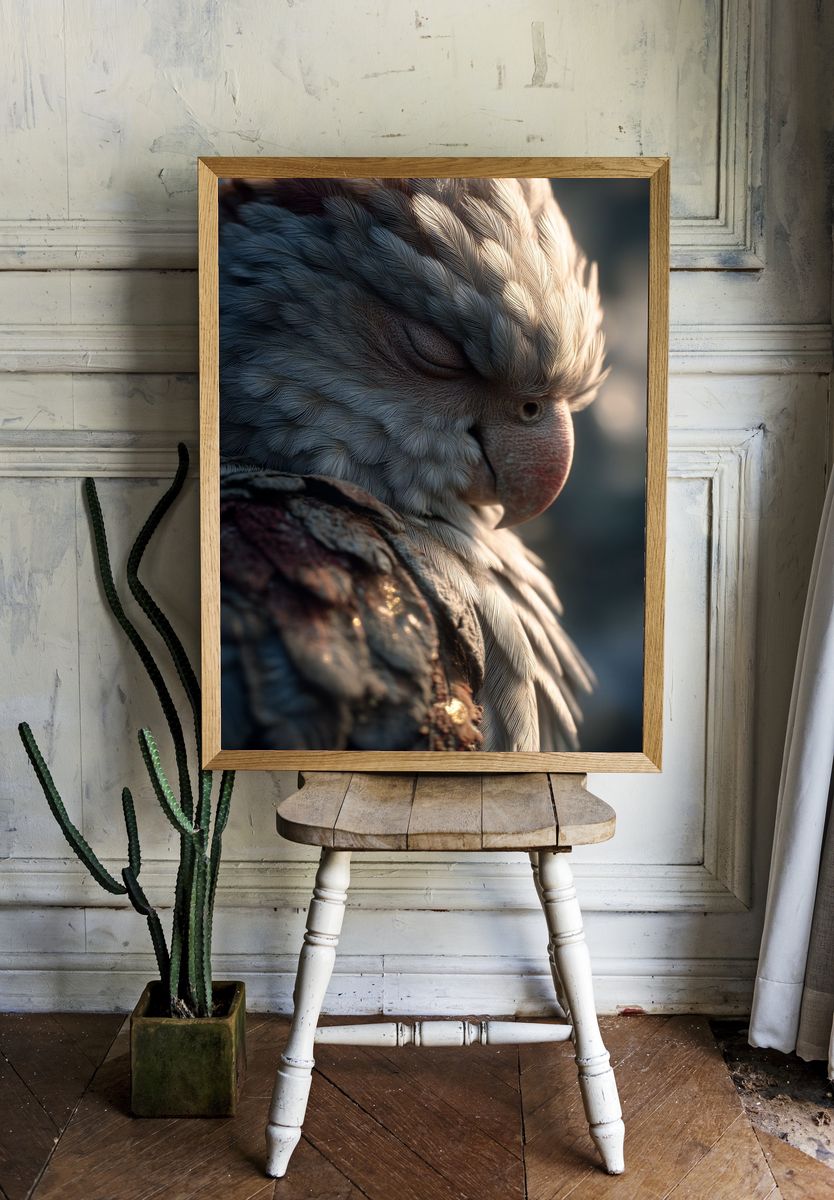 Sleeping Parrot Portrait Print. room preview