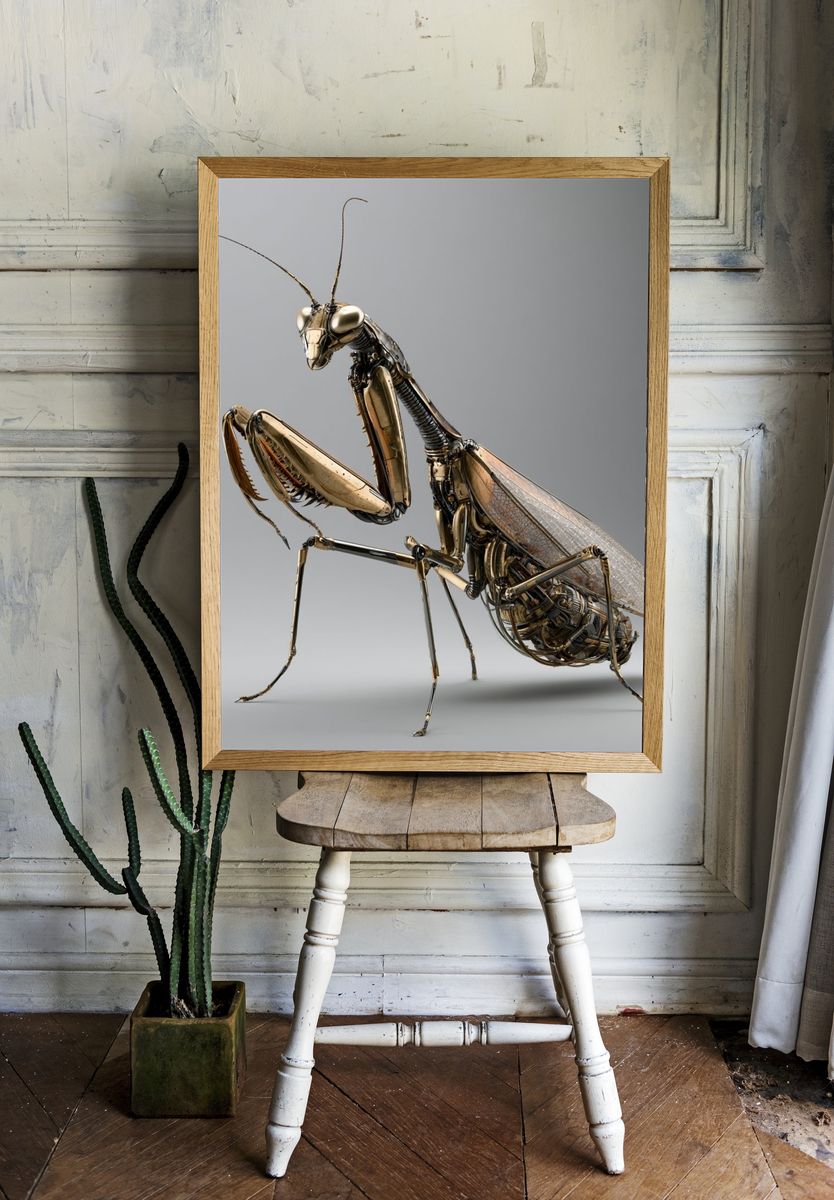 Golden Praying Mantis Illustration Poster. room preview