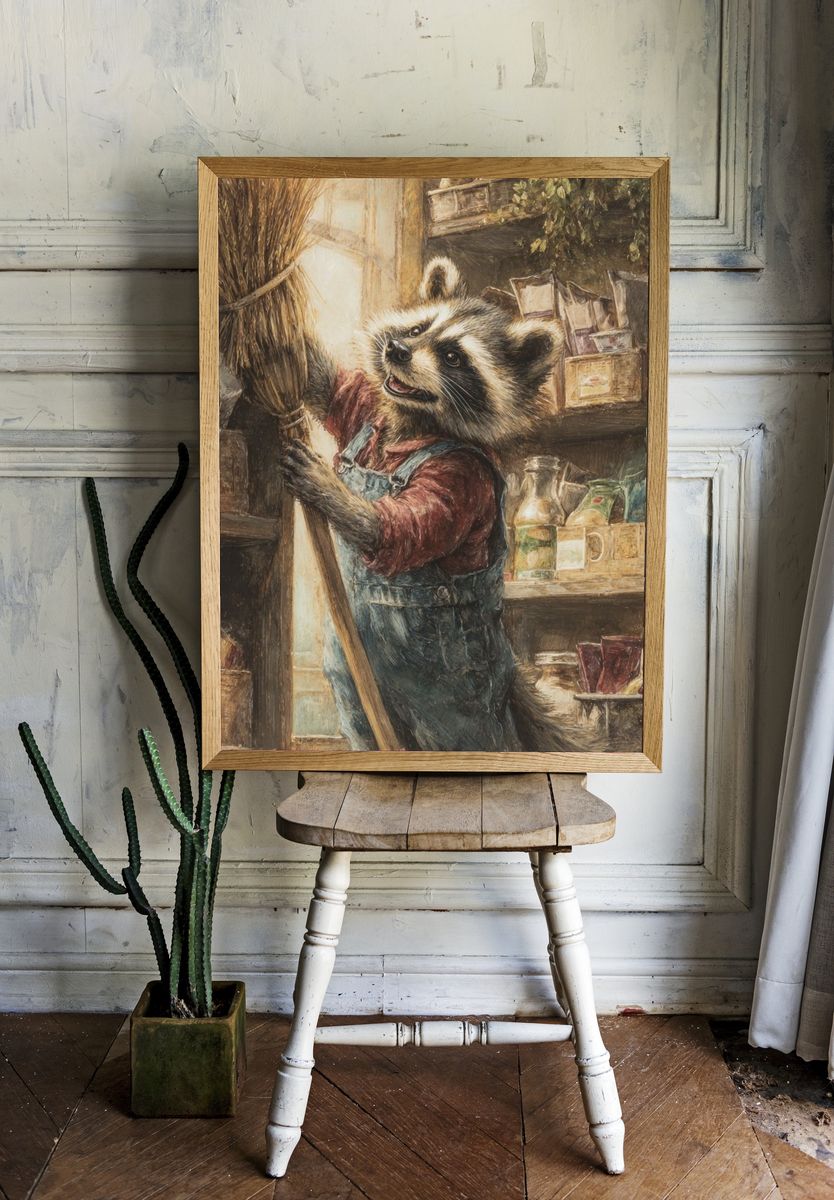 Raccoon Shopkeeper Illustration Poster. room preview