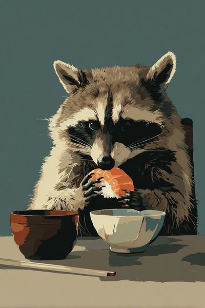 Raccoon Sushi Illustration Poster.