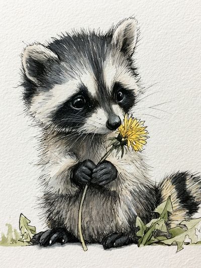 Baby Raccoon Watercolor Poster.