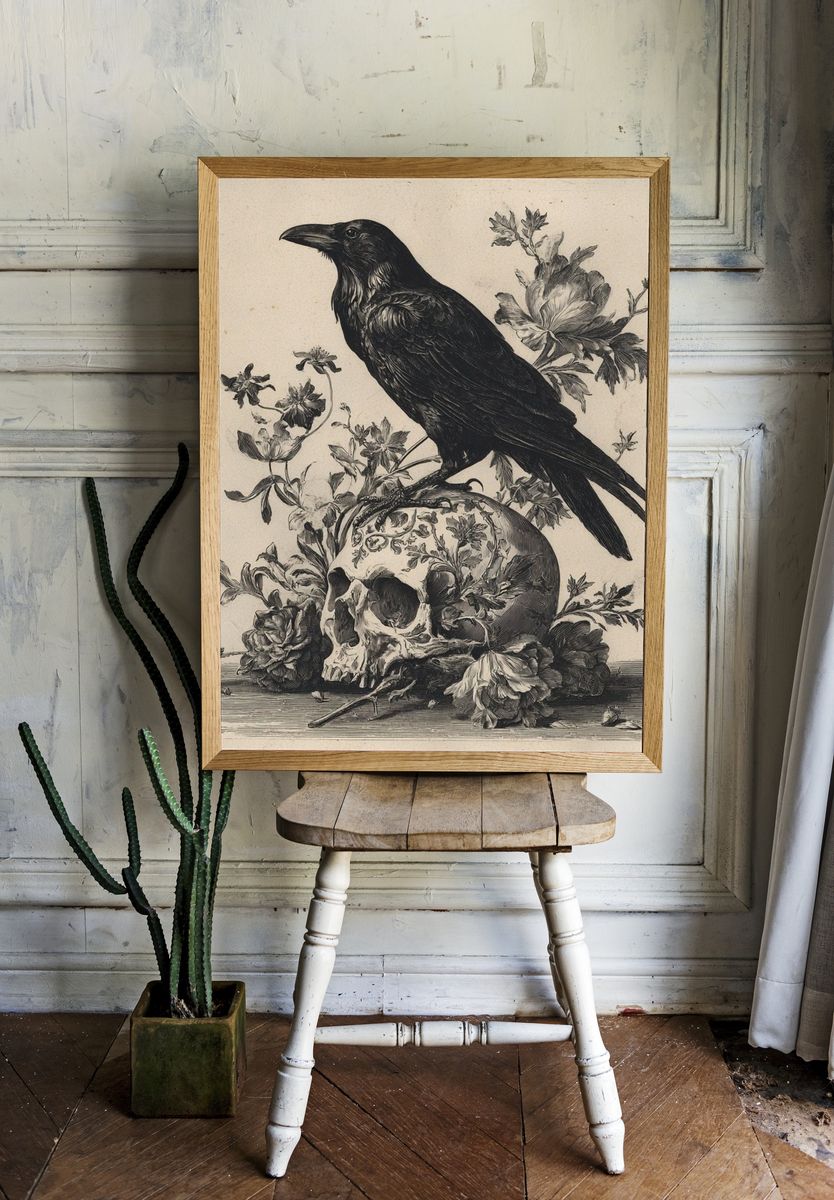 Raven and Skull Vintage Print. room preview