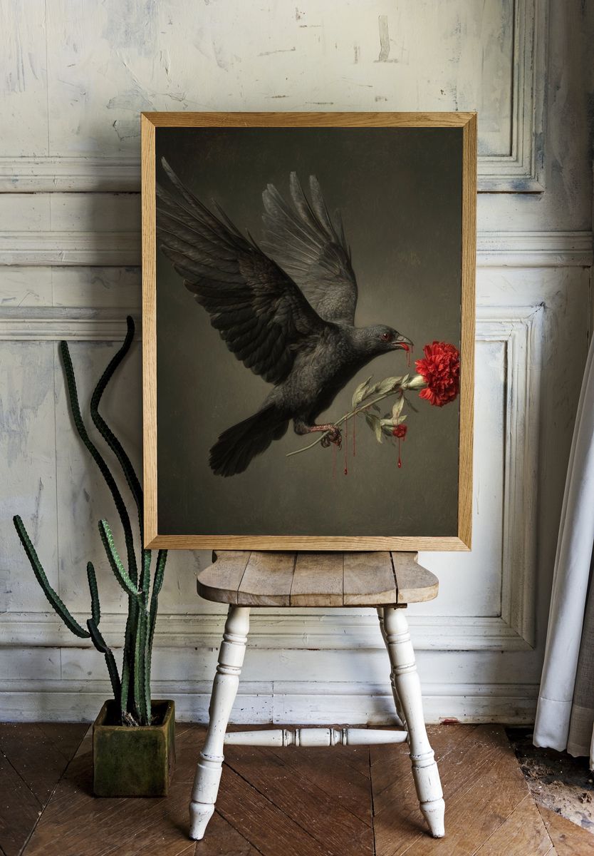 Black Raven with Red Carnation Print. room preview