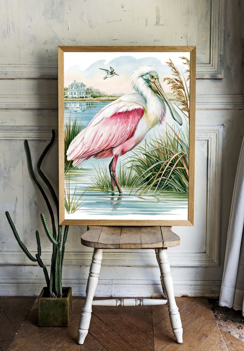 Roseate Spoonbill Marsh Watercolor Poster. room preview