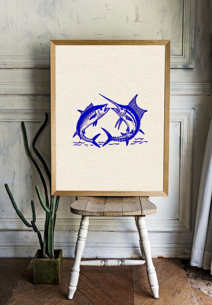Swordfish Duel Vintage Print. room preview