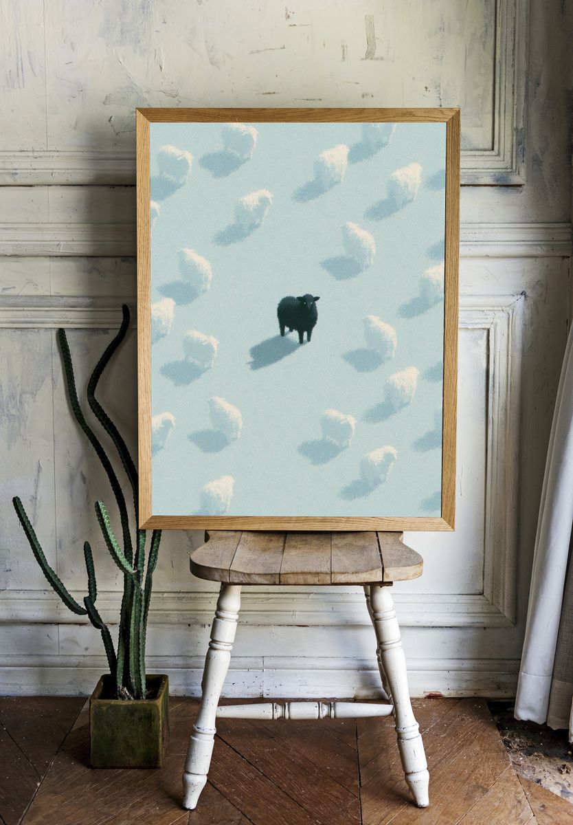 Lonely Black Sheep Illustration Print. room preview