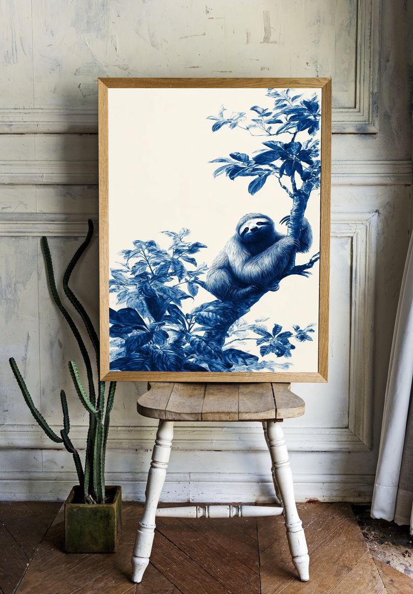Blue Sloth in Botanical Tree Poster. room preview