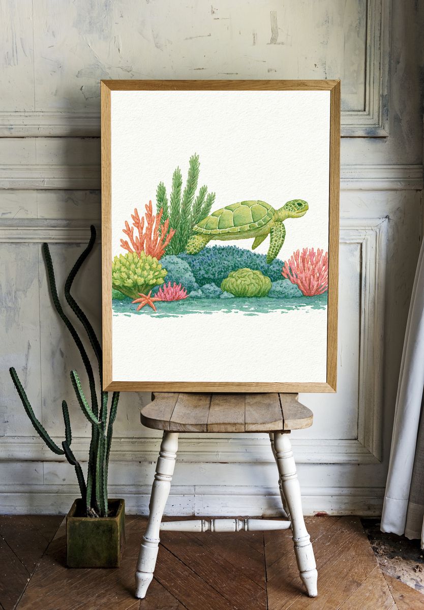Sea Turtle Watercolor Poster. — room view 1