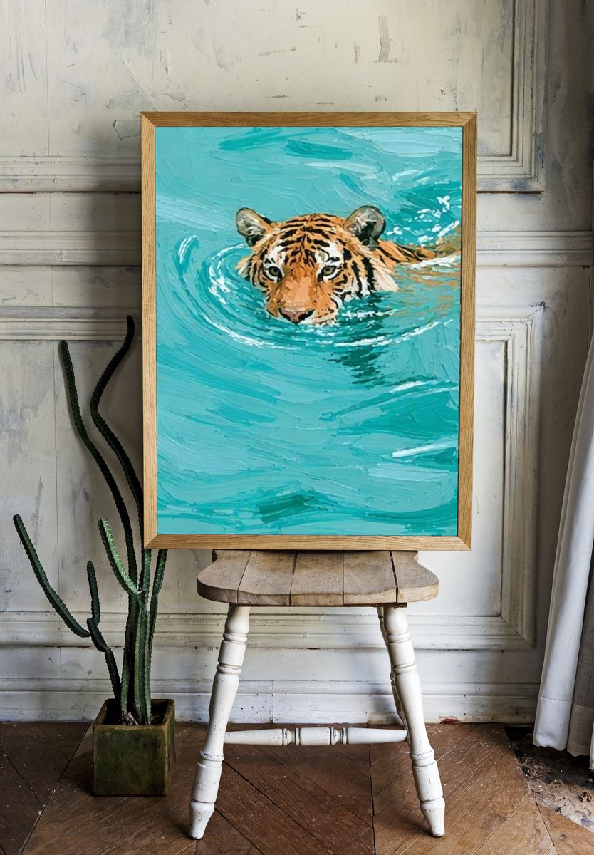 Tiger in Turquoise Water Illustration Poster. room preview