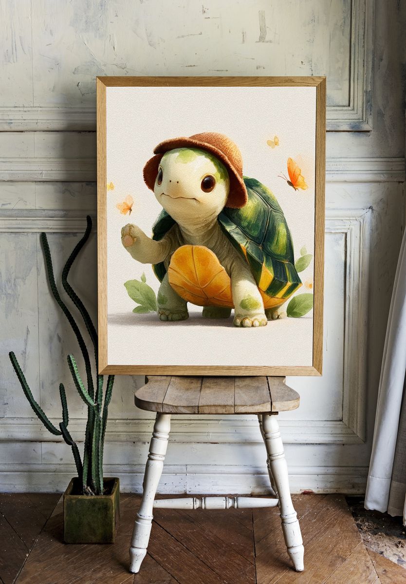 Turtle with Hat Watercolor Print. room preview