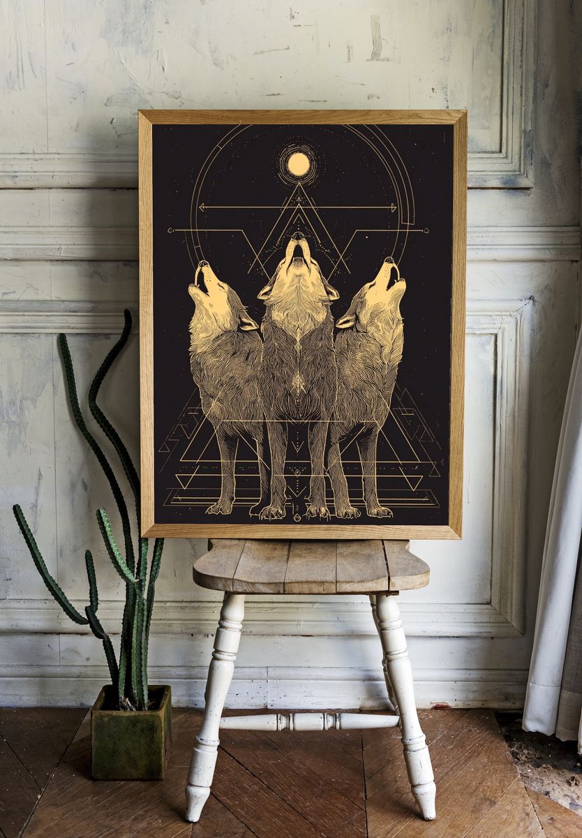 Howling Wolves Geometric Print. room preview