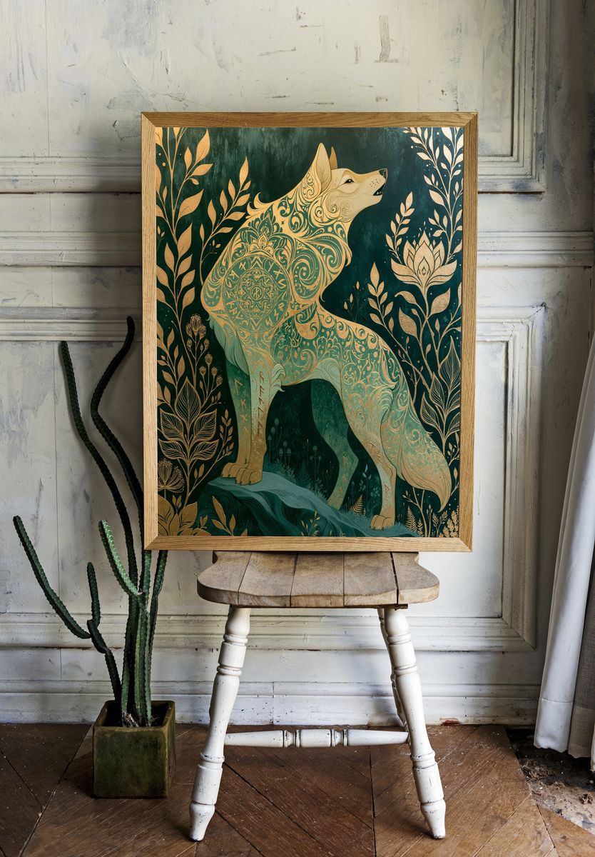 Mystic Wolf Botanical Print. room preview