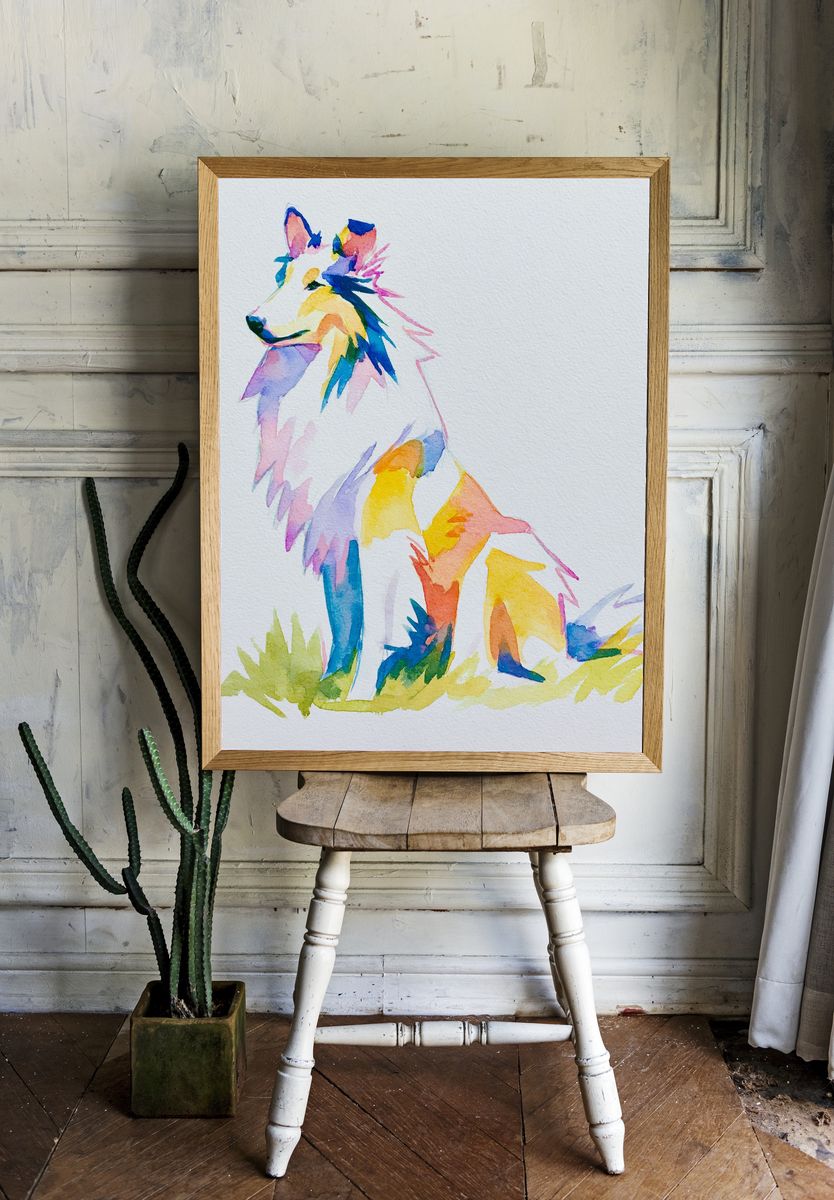 Colorful Wolf Watercolor Poster. room preview