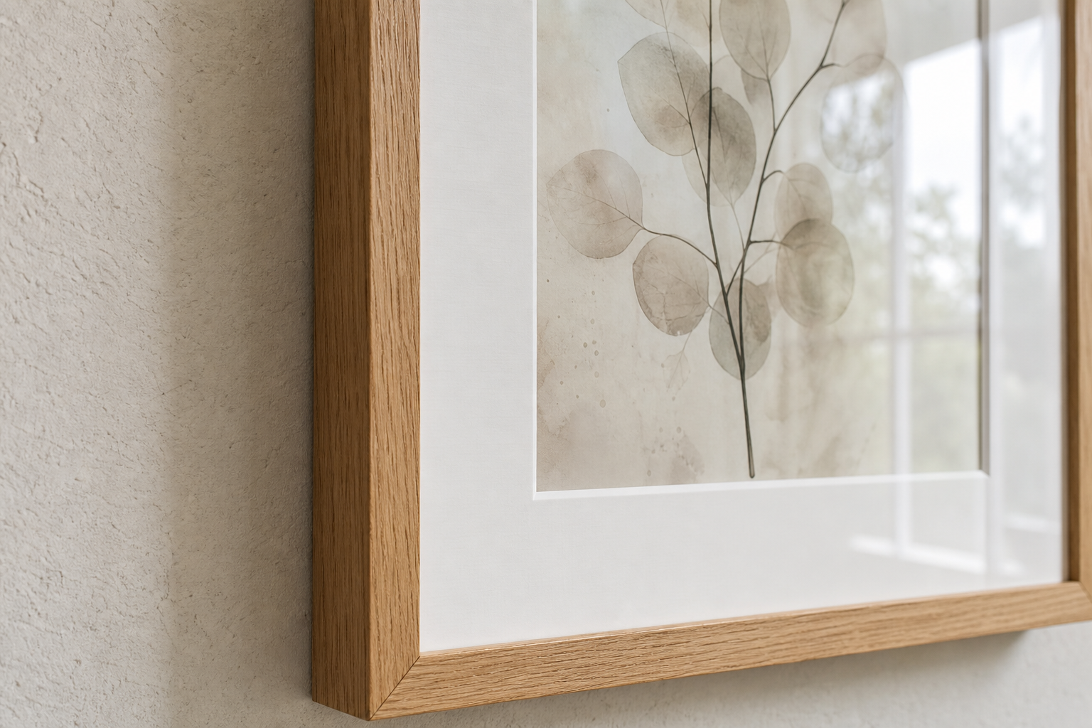 close-up of framed wall art with mat
