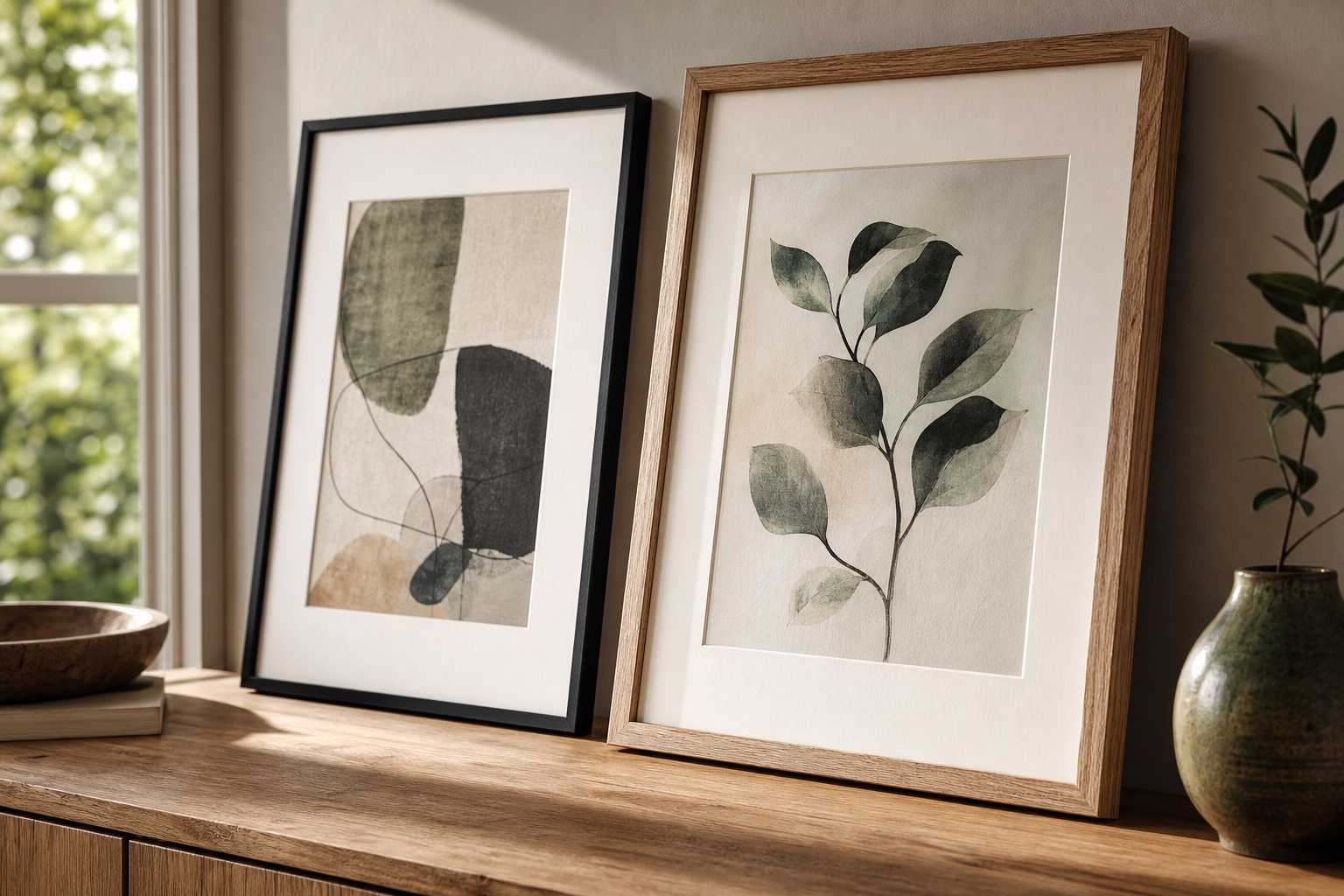 Close-up of wood and black frames with matted art prints