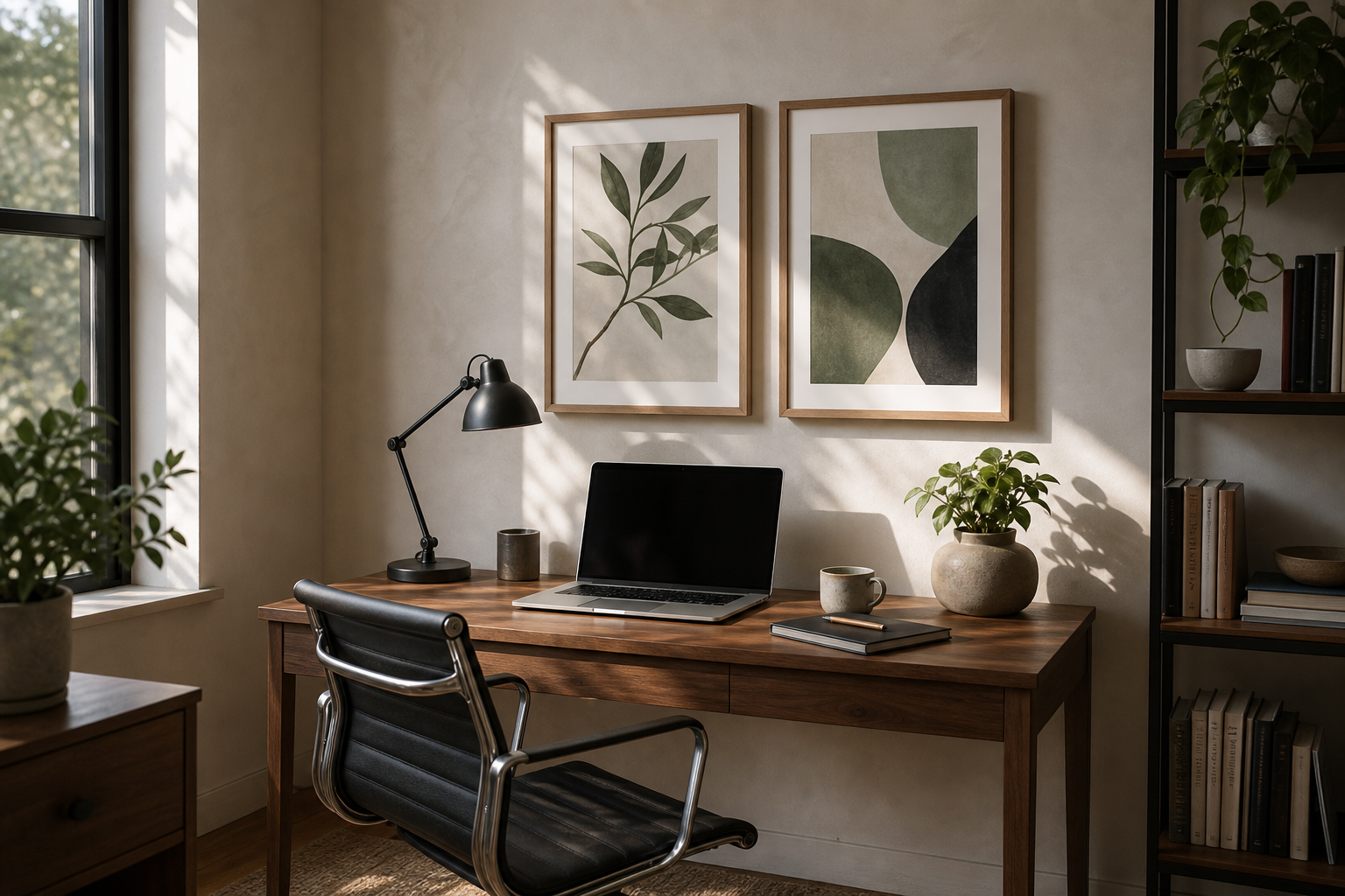 Home office with two 11 x 14 framed art prints above a desk
