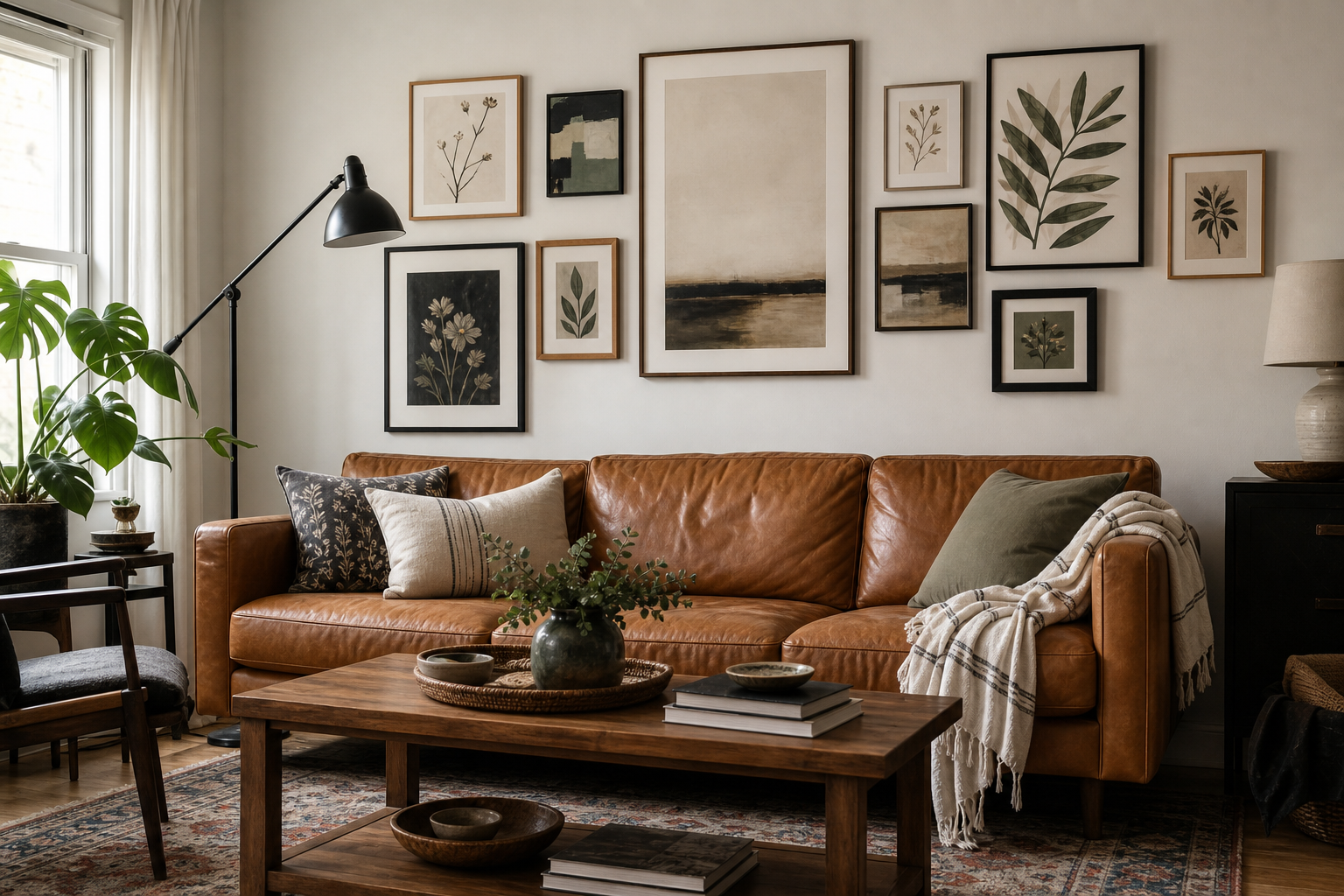 Mixed-size gallery wall using multiple 11x14 frames in a living room