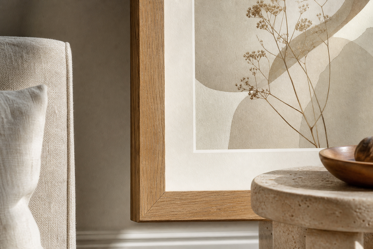 close-up of oak frame and textured wall art