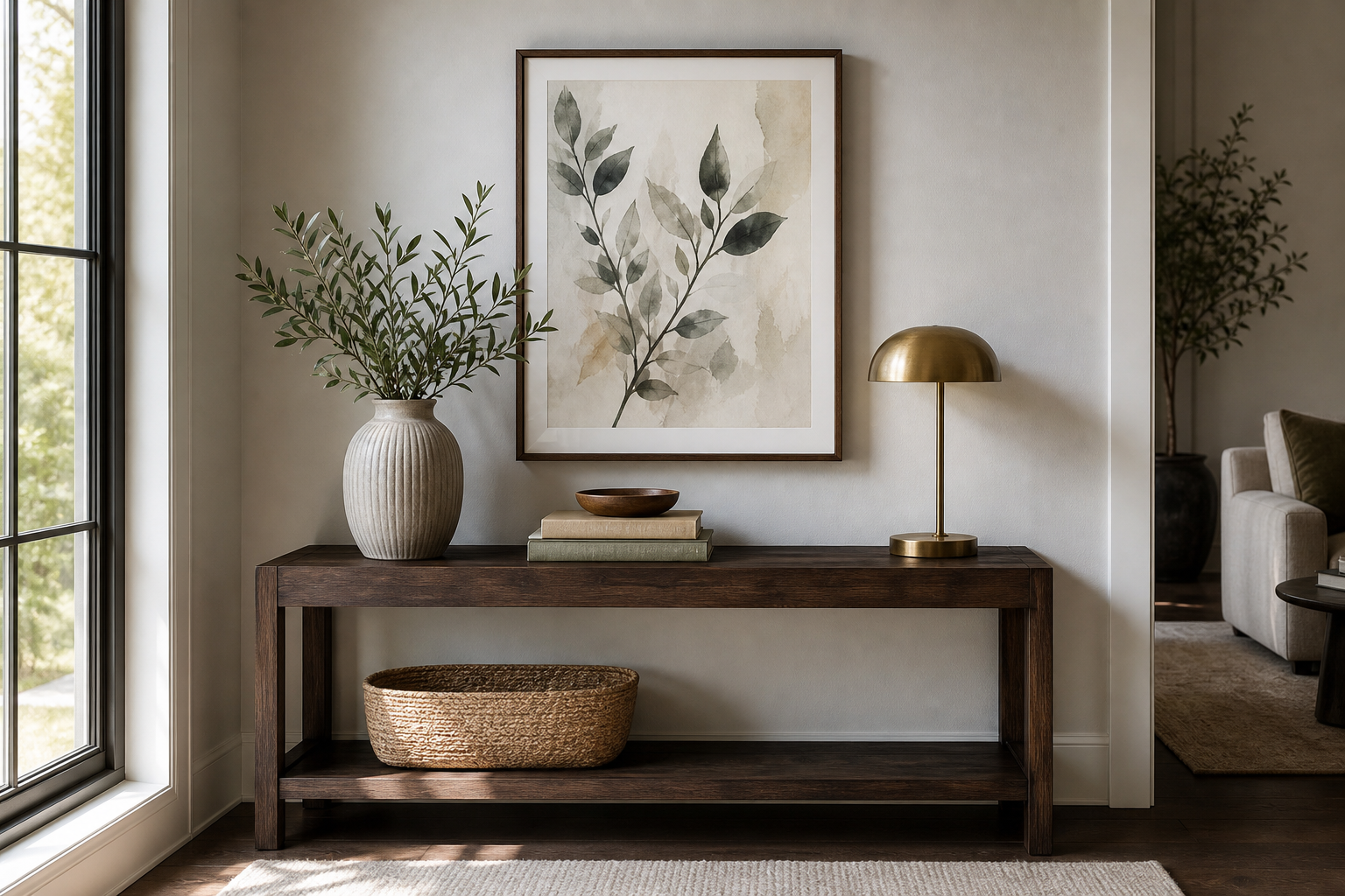 styled console with 16 x 20 framed fine art print above it