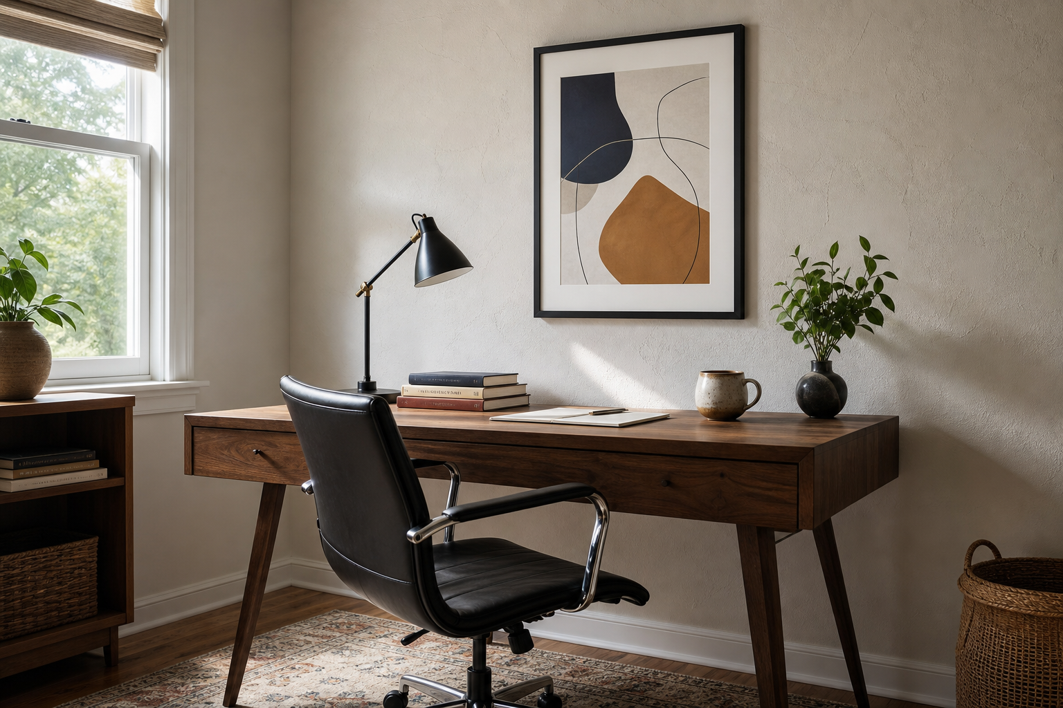 16 x 20 framed abstract art above a home office desk
