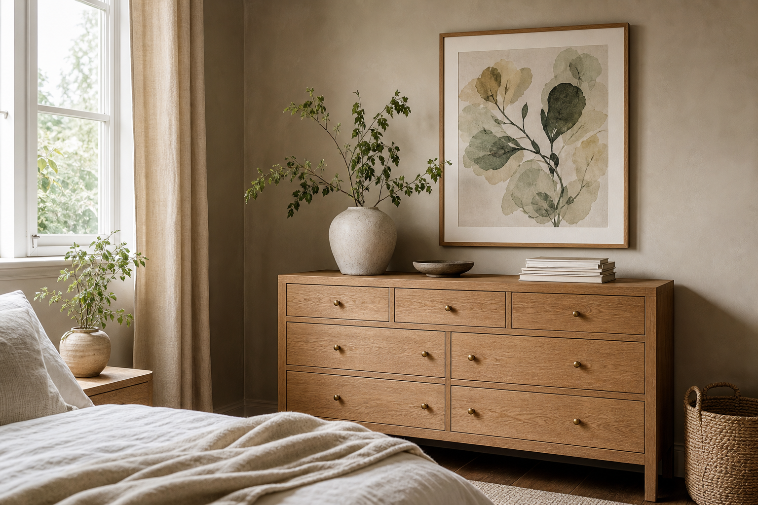 Single framed print styled above a dresser in a bedroom
