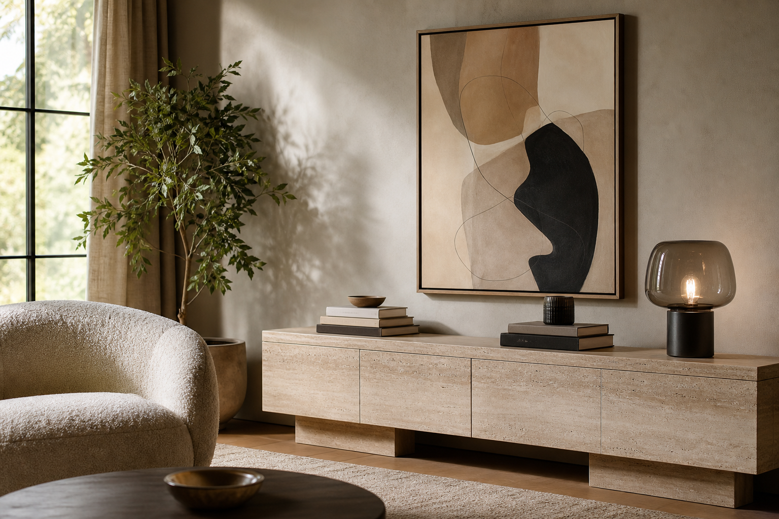 Layered living room with framed abstract art above a console