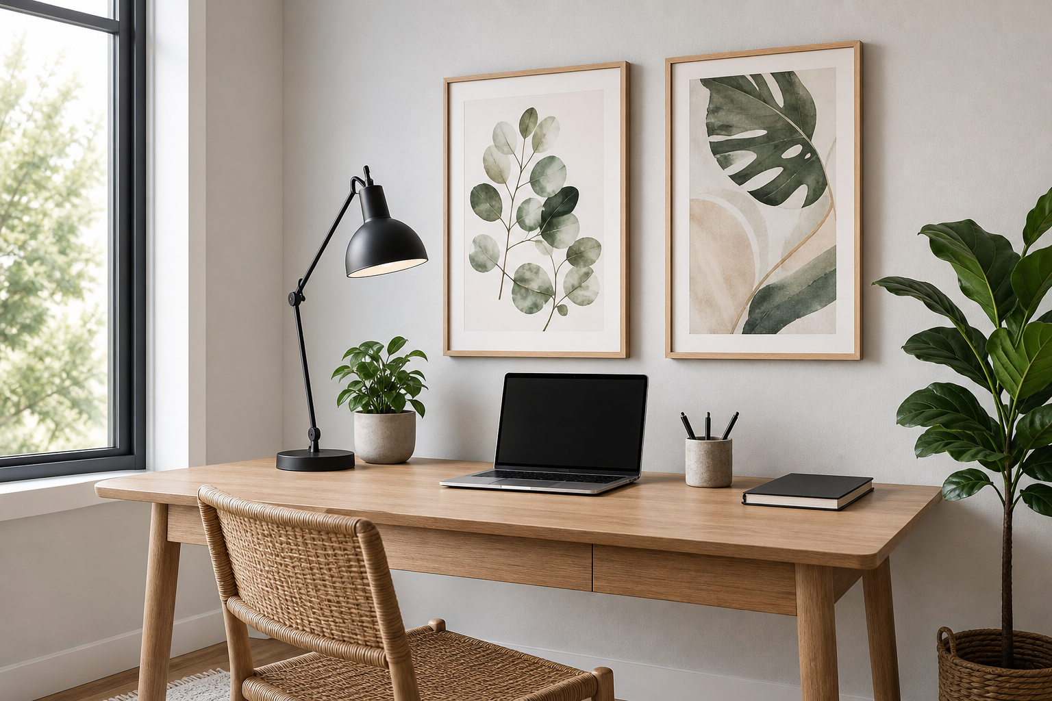Home office with a pair of framed 16 x 20 art prints above a desk