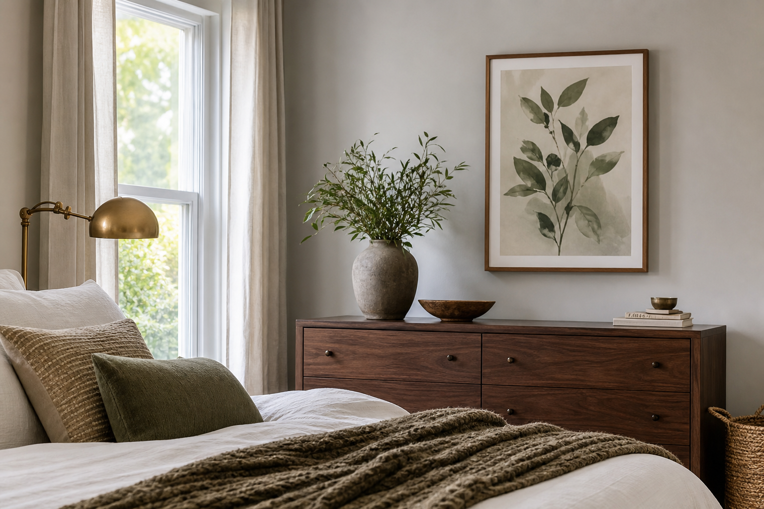 Bedroom with a single 16x20 art print above a dresser