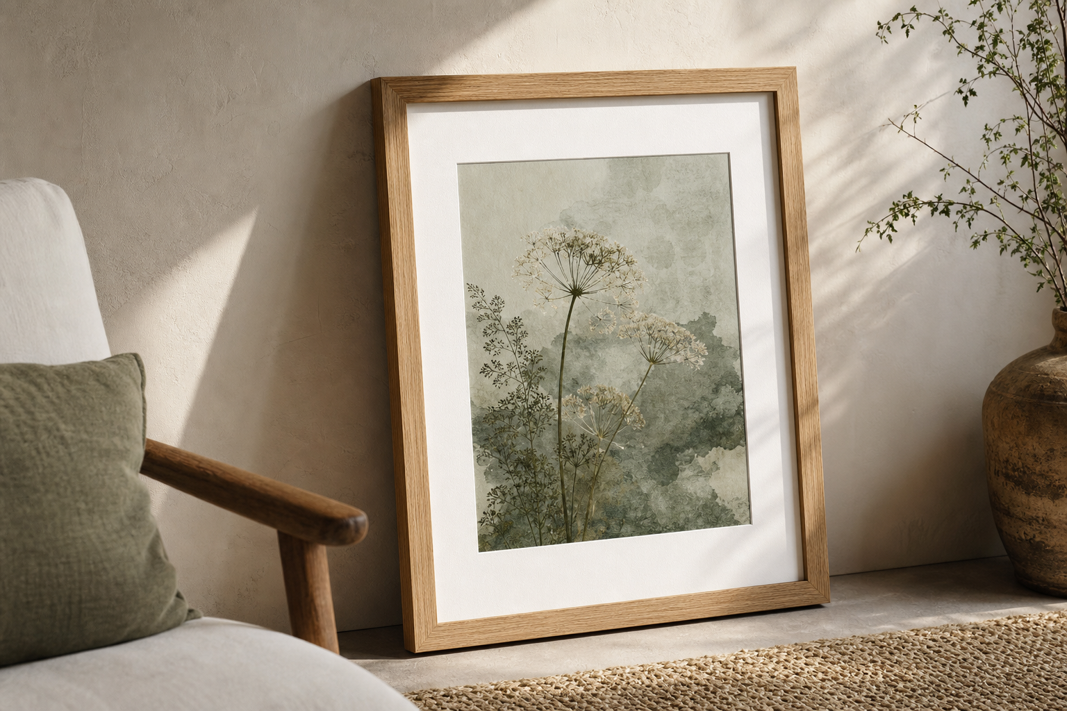 Close-up of a wood frame and matted 16x20 art print